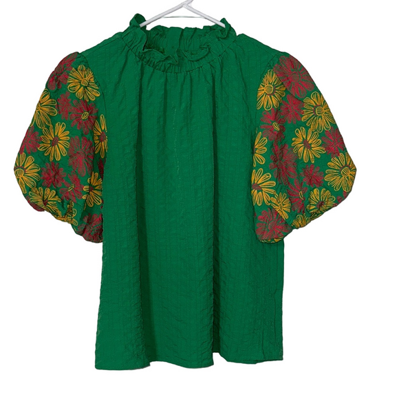Tops - Green Blouse with Floral Sleeves